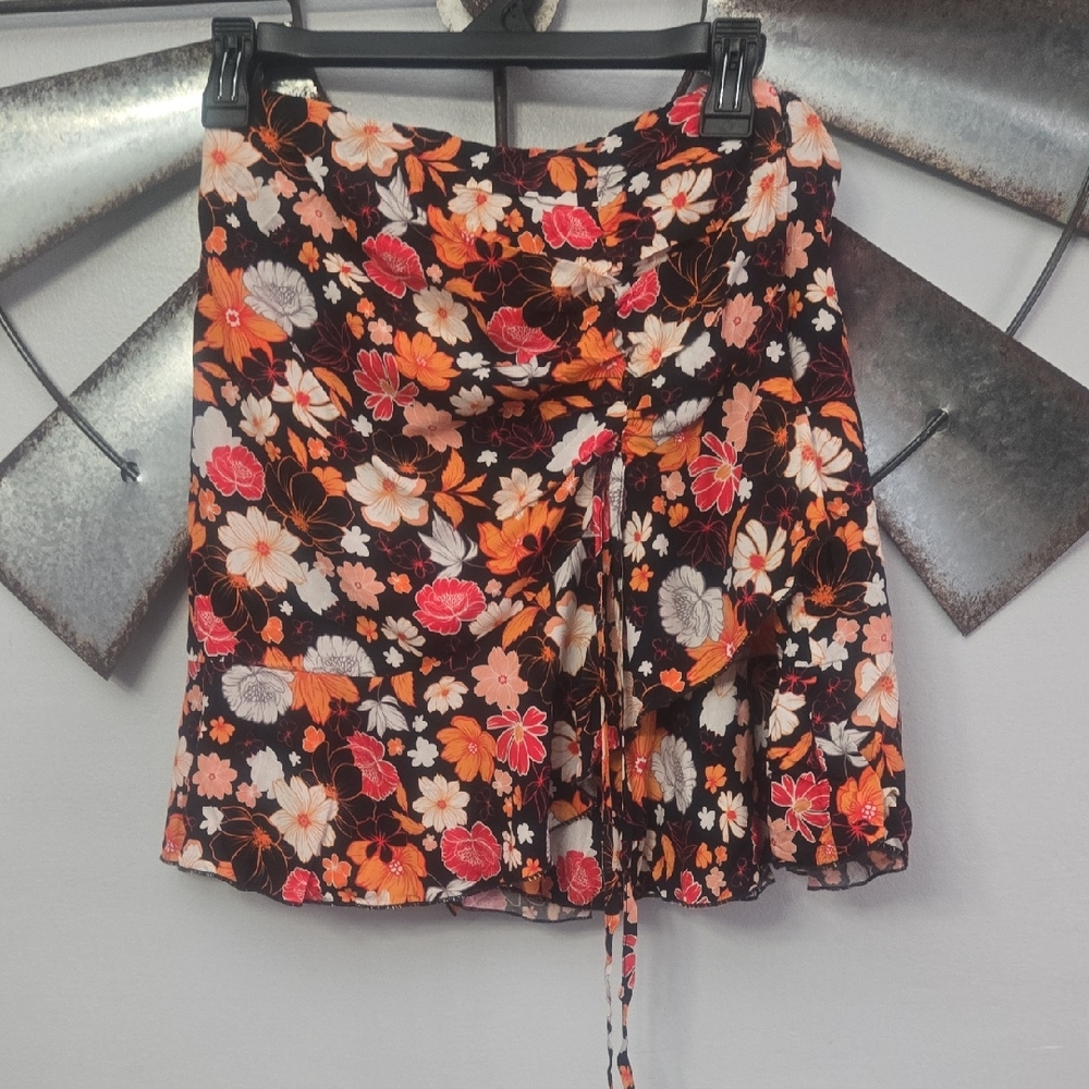 Cupshe Floral Ruffle Mini Skirt - Black Base with Orange & Yellow Flowers